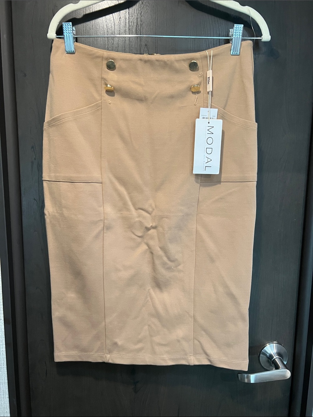 Elie. by ElieTahari soft stretch Modal Tan Pencil Skirt with Gold-Tone Accents